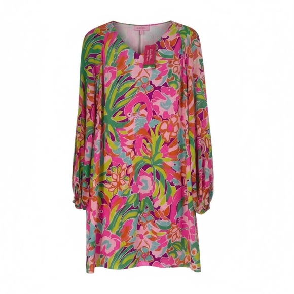 NWT Lilly Pulitzer Carleigh Tunic Dress Silk Lulu Fluorescent Flamingo Size 8 - Picture 2 of 13